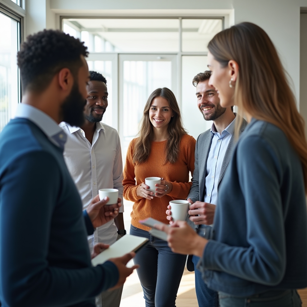 Fünfköpfiges Projektteam steht gemeinsam im Meeting-Raum