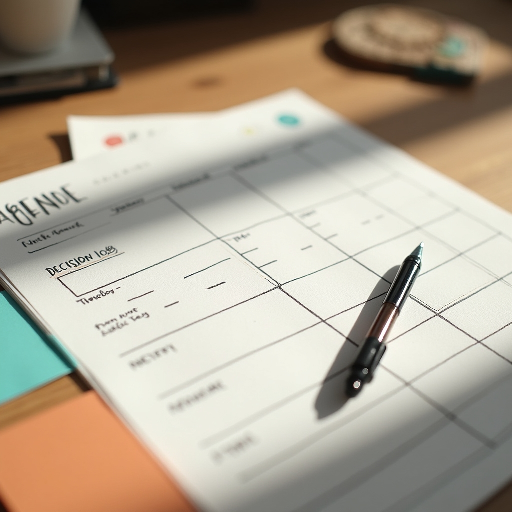 Ausgedruckte Agenda-Vorlagen und Karten liegen auf einem Workshop-Tisch